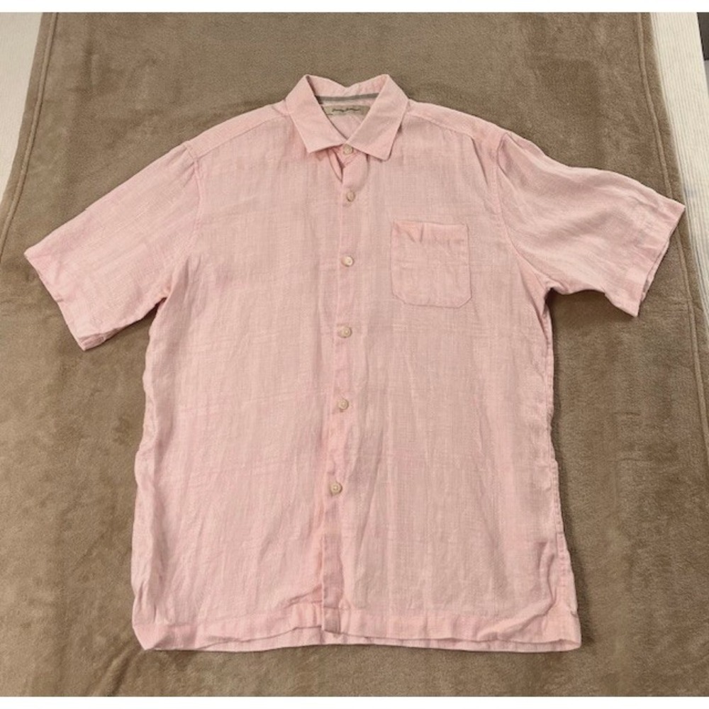 Tommy Bahama Linen shirt men's Large pink‎ red button Up short sleeve EUC